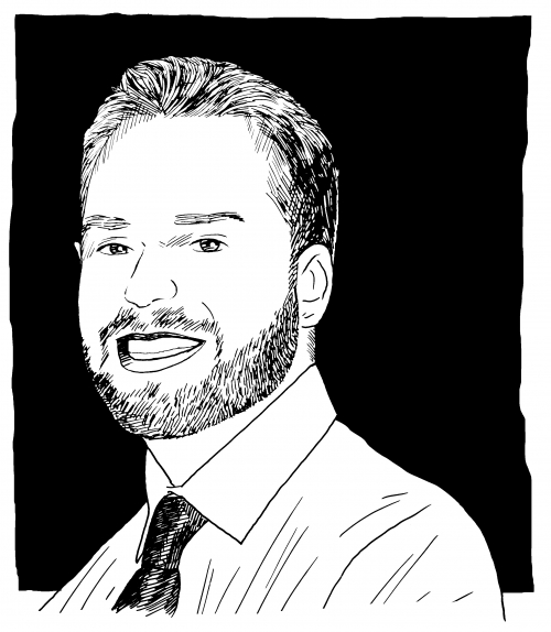 black and white drawn portrait of Joshua Ellow